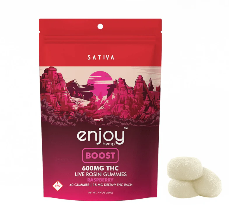 Live Rosin Boost Delta 9 THC 600mg Gummies (Sativa-Infused Raspberry) - 15mg each | 40 gummies