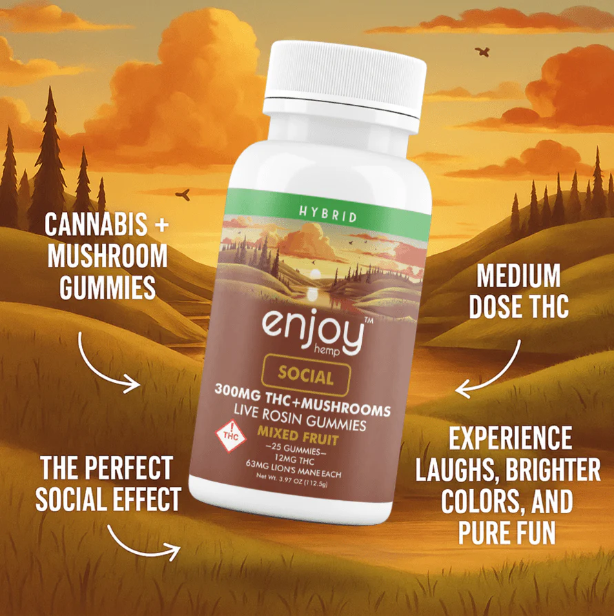 Live Rosin Delta 9 THC + Mushrooms 300mg Gummies for Social (Hybrid) - 25 gummies | 12mg + 63mg Lion's Mane each - Image 2