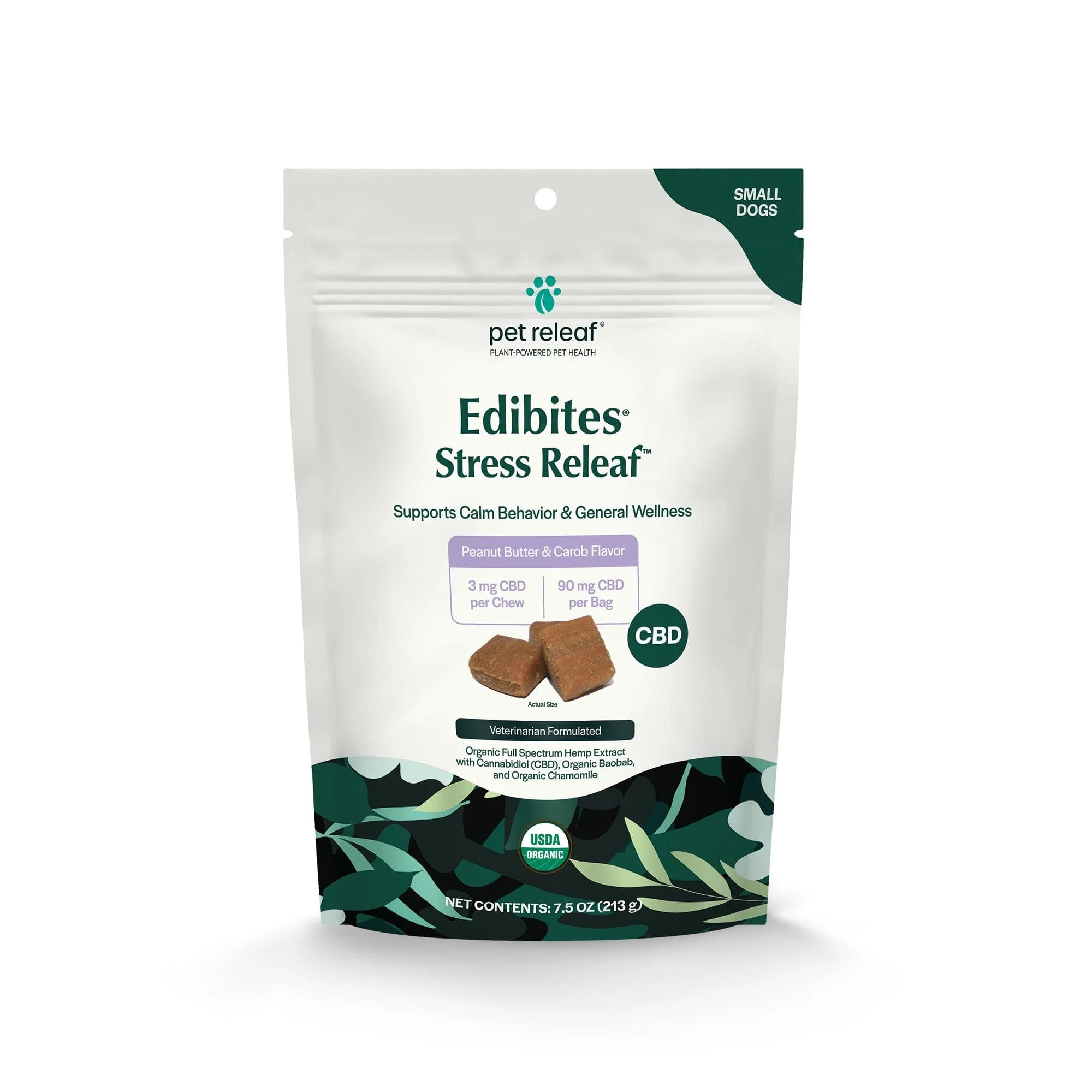 Stress Releaf Peanut Butter Carob CBD Edibites, USDA Organic Calming Chews in Family Size For All Dogs
